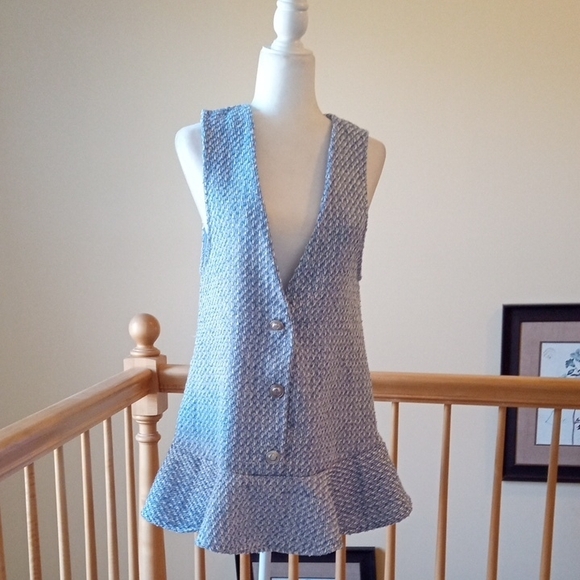 Zara Tweed Pinafore Chic Blue Sleeveless Dress with Peplum Hem - Picture 3 of 9